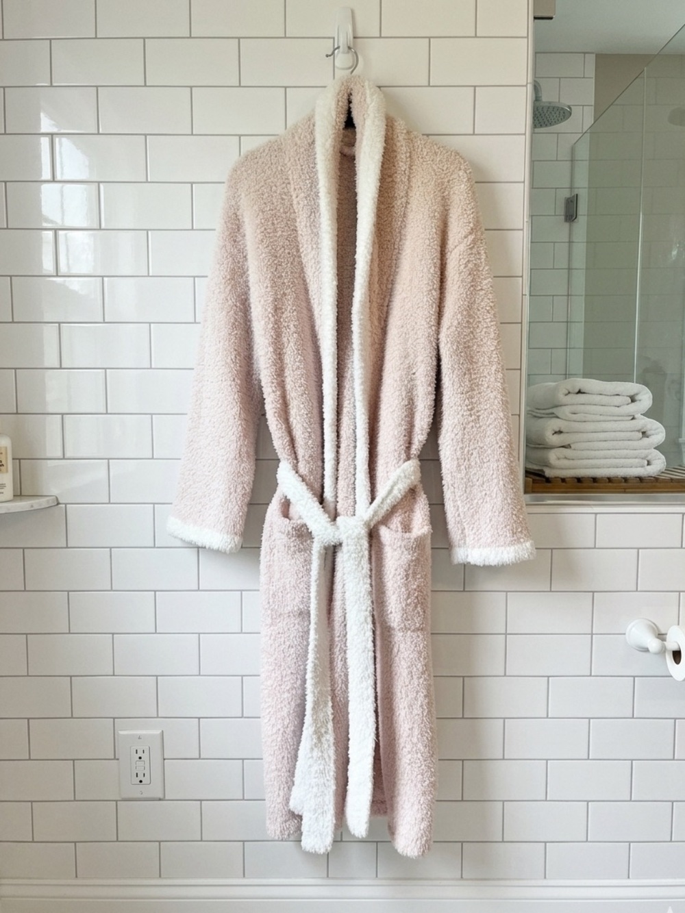 Barefoot Dreams Plush Shawl-Collar Long Robe in Soft Cream Blush